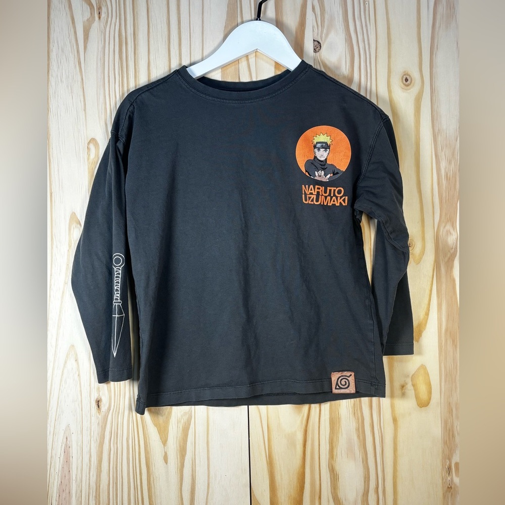 Zara Black Long-Sleeve Naruto Uzumaki Graphic Tee with Orange Accent